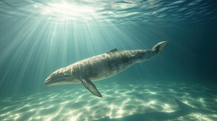 Obraz premium Whale swimming sunlit ocean, sandy bottom, underwater scene, conservation