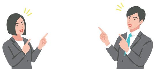 指をさして案内するスーツ姿の男女