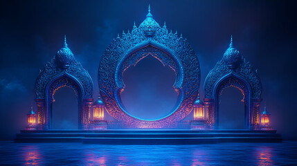 Blue ornate archway stage, Ramadan backdrop