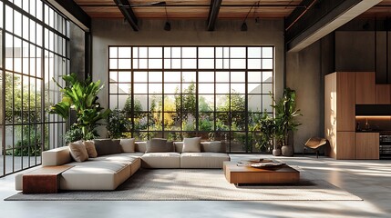 A modern warehouse interior with high vaulted ceilings, large grid-style windows filling the space with natural light, smooth concrete floors, and a clean minimalist aesthetic, open and bright,