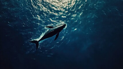 Fototapeta premium Whale swimming ocean surface sunlight underwater documentary