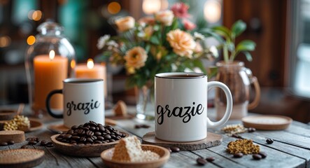 grazie lettering on coffee mug at table