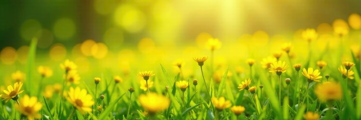 Obraz premium Sunshine drenched field of bright yellow wildflowers, green grass, petals