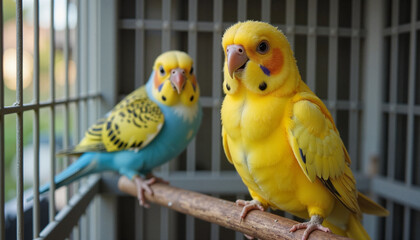 Obraz premium Colorful budgerigars perched on a branch in a cage