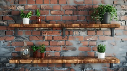 Wooden shelves on brick wall background