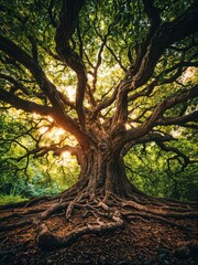 Fototapeta premium An enormous tree with sprawling branches dominates the tranquil landscape, sunlight creating an enchanting glow among its rich green foliage as the day transitions to dusk.