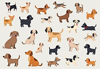 Fototapeta premium カラフルな犬たちの楽しいイラスト：シンプルなラインで描かれた高解像度のかわいい犬たちがグレーの背景に配置されています 