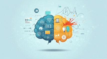 Divided brain hemispheres, data analysis, creative explosion, strategy, background light blue