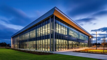 Fototapeta premium Modern Architectural Design: Dusk Exterior of a Sleek Glass Building