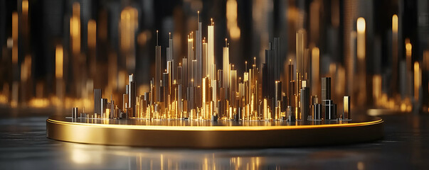 Golden city model, night lights, presentation