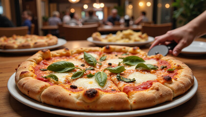 Delicious pizza being served in a cozy restaurant