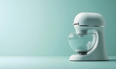 White stand mixer with glass bowl on teal background. (1)