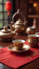 Fototapeta premium An elegant Chinese tea set with a red teapot and teacups, all featuring gold accents and floral patterns, arranged on a red tablecloth