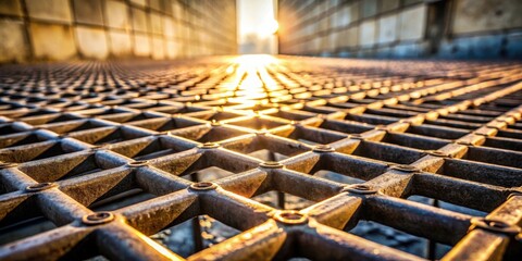 Obraz premium A Metal Grid Bathed in the Golden Light of the Setting Sun, Casting Shadows and Reflections