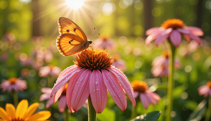 Butterfly perched on flower in sunlit garden