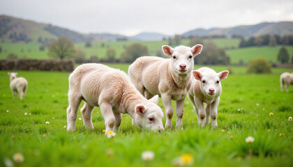 Fototapeta premium Three playful lambs grazing in green pasture