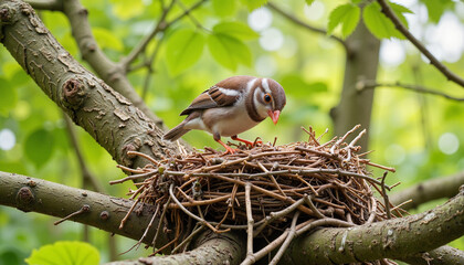 Bird observing nest in green foliage