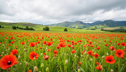 Poppy flowers blooming in vibrant green field