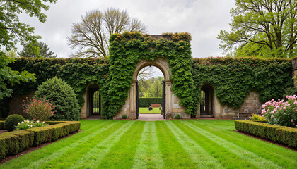 Lush garden entrance with archway and manicured lawns