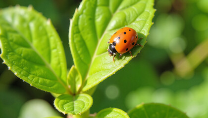 Ladybug resting on green leaf
