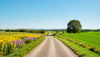 Scenic rural road through vibrant flower fields