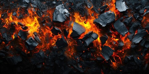 Burning coal - smoldering briquette, glowing ember, blackened timber, warm texture, fiery glow, scorched wood, campfire aesthetic, dark composition, ember heat, charred texture, rustic background.
