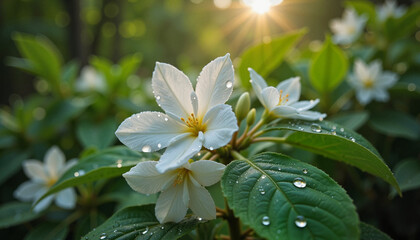 White flowers with droplets shining in sunlight