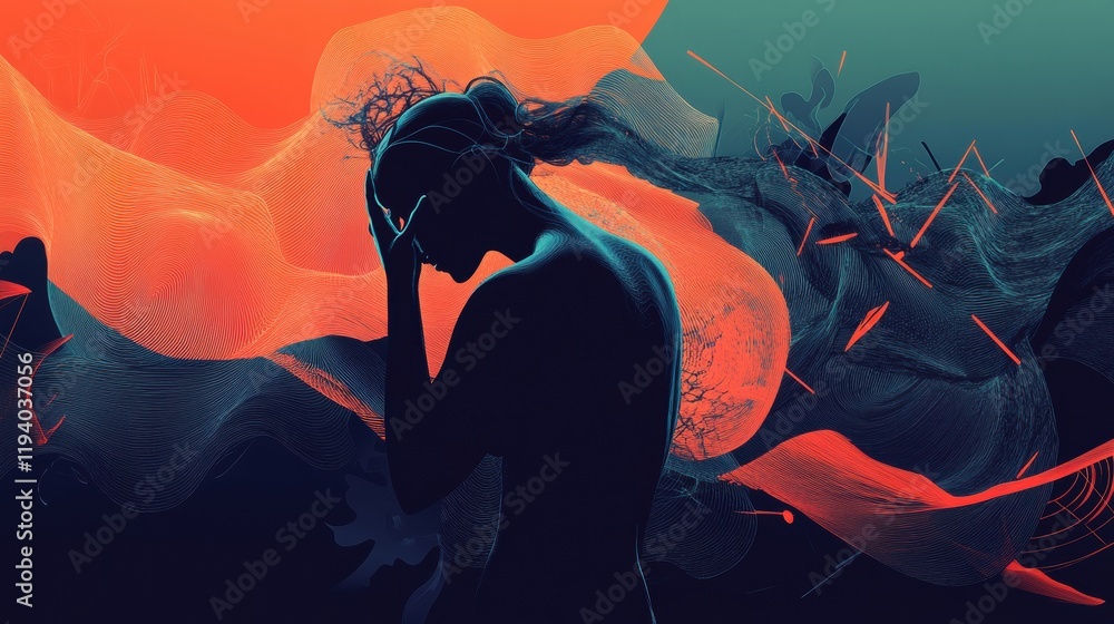 Aufkleber person experiencing discomfort surrounded by abstract shapes and waves representing pain. generative