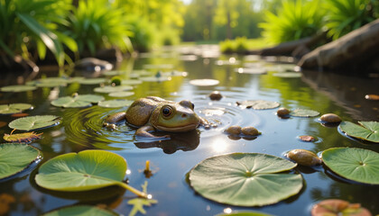 Frog sitting on lily pads in a tranquil pond