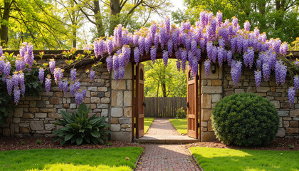 Wisteria blooms cascading over stone gate in sunny garden