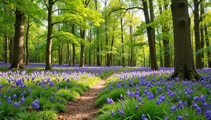 Bluebell flowers blooming in lush green forest