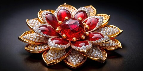 Naklejka premium A radiant floral brooch, its golden petals adorned with shimmering diamonds and a vibrant ruby centerpiece, reflects a captivating brilliance.