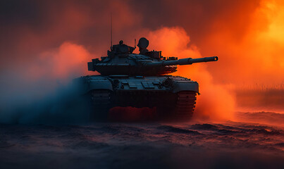 Tank advancing, fiery sunset battlefield