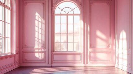 Obraz premium A serene room with soft pastel-colored walls in blush pink, featuring a single ornate antique window framed with delicate woodwork, natural light streaming in and casting subtle shadows,