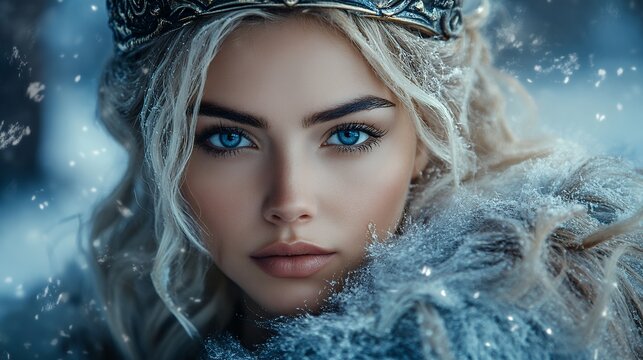Stunning portrait of a blonde woman, wearing a crown, surrounded by winter elements. Ice queen aesthetic.