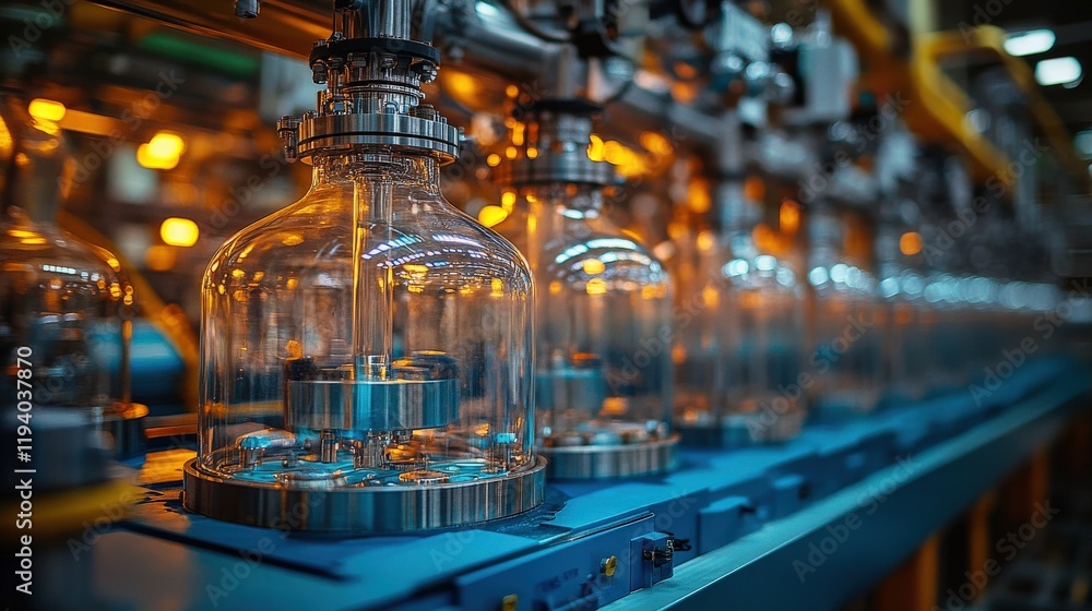 Poster industrial production setup with glass bottles on assembly line highlighting modern manufacturing te