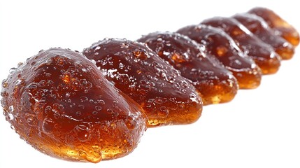Rows of translucent amber candy drops.