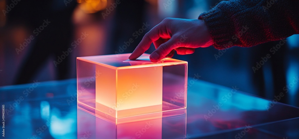 Poster hand interacting with illuminated glass cube on a table.