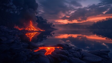 Volcanic eruption reflecting in lake at sunset, fiery landscape