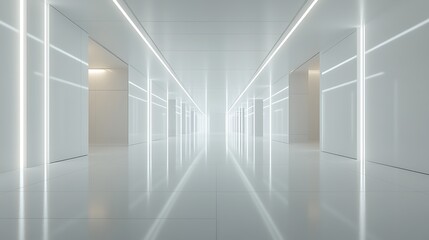 A sleek gallery-style room with pristine white cube-like walls, glossy polished flooring reflecting subtle light, minimalist design, ambient spotlights highlighting the walls,