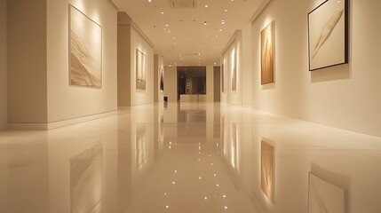 A sleek gallery-style room with pristine white cube-like walls, glossy polished flooring reflecting subtle light, minimalist design, ambient spotlights highlighting the walls,
