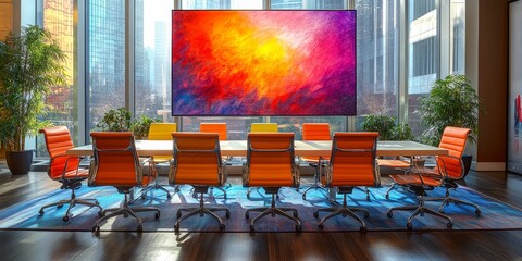 Creative Boardroom with Abstract Artwork and Vibrant Seating
