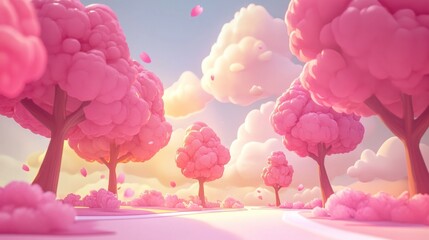 Pink candy floss trees, sunrise, dreamy landscape, children's book illustration