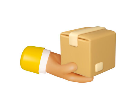 Hand with cardboard box delivery vector 3d cartoon icon. Character arm giving package order isolated on white background. Courier service illustration