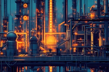 Geometric industrial pattern showcasing oil tanks, pipes, and rigs in a dynamic urban environment at twilight. Generative AI