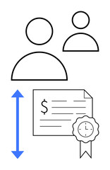 Two abstract human figures, an upward arrow, and a certification document with a medal. Ideal for themes thumbs up career advancement, professional growth, skill development, achievements, education