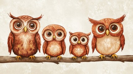 Obraz premium A charming illustration of four owls perched on a branch, showcasing their unique features.