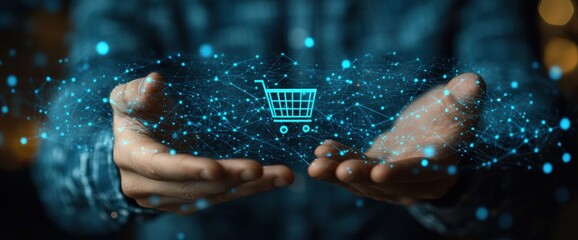 Hands holding a glowing shopping cart icon, representing online shopping and global commerce.