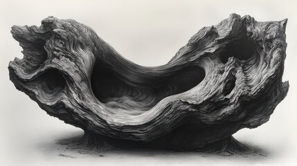 Sculptural weathered driftwood, grey tones, abstract form.