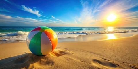 Obraz premium A solitary beach ball rests on the golden sand, bathed in the warm glow of a setting sun, the gentle waves lapping at the shore.